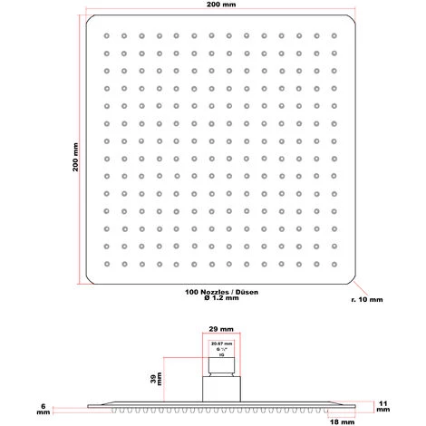 WILTEC Pommeau De Douche Carré 20x20cm Tête De Douche Jet Effet Pluie Rainshower Acier Inoxydable – Image 4