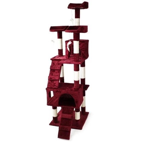 WILTEC Arbre à Chat Rouge-vin 170 Cm Avec Plate-formes Niches Et Échelles Griffoir Grattoir Escalade – Image 2