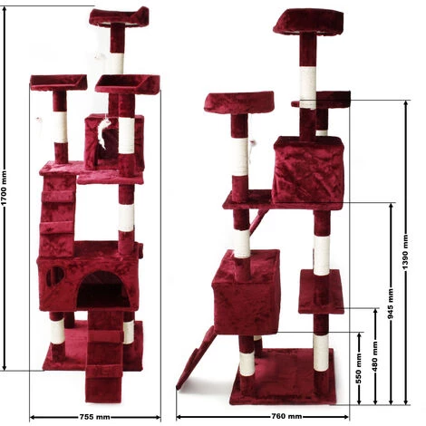 WILTEC Arbre à Chat Rouge-vin 170 Cm Avec Plate-formes Niches Et Échelles Griffoir Grattoir Escalade – Image 4