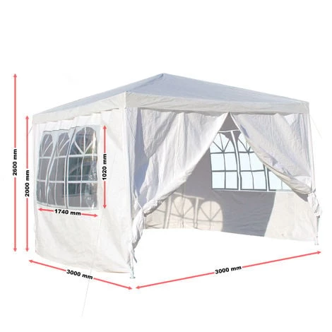WILTEC Tonnelle De Jardin 3x3m Blanche Avec Panneaux Latéraux Amovibles Grandes Fenêtres Tente Fête Camping – Image 2