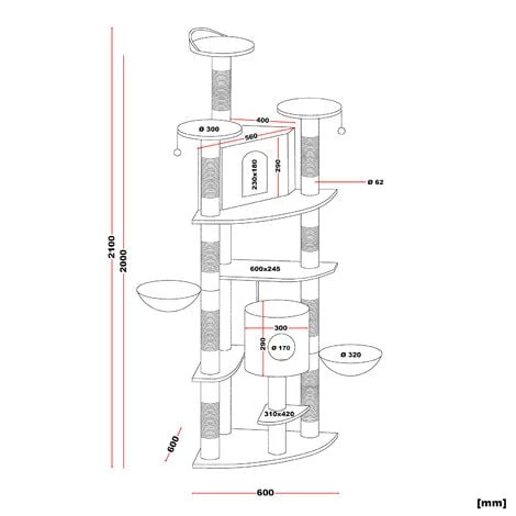WILTEC Arbre à Chat D‘angle Gris/blanc Plateforme D‘observation Hamacs Niches Balles De Jeu Griffoir Sisal – Image 2