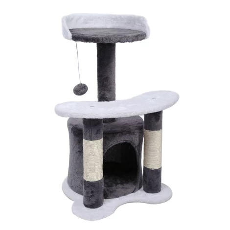 WILTEC Arbre à Chat 65 Cm Gris/ Blanc Avec Corde En Sisal Plateforme Niche Et Balle De Jeux Griffoir