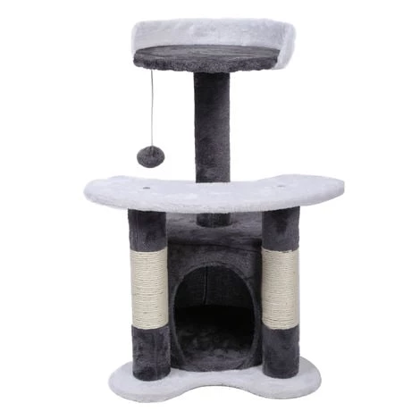 WILTEC Arbre à Chat 65 Cm Gris/ Blanc Avec Corde En Sisal Plateforme Niche Et Balle De Jeux Griffoir – Image 2