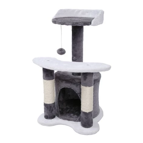 WILTEC Arbre à Chat 65 Cm Gris/ Blanc Avec Corde En Sisal Plateforme Niche Et Balle De Jeux Griffoir – Image 3
