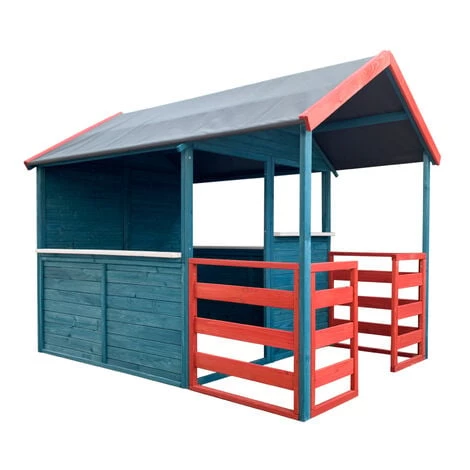 WILTEC Maison De Jeux Extérieure XL 146x195x156cm Bois Cabane Véranda Maisontte Jardin Rouge/ Bleue Enfant