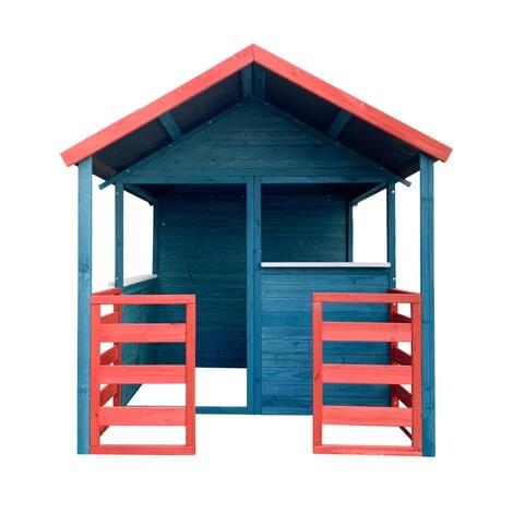 WILTEC Maison De Jeux Extérieure XL 146x195x156cm Bois Cabane Véranda Maisontte Jardin Rouge/ Bleue Enfant – Image 2