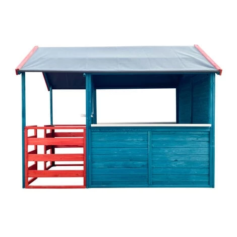 WILTEC Maison De Jeux Extérieure XL 146x195x156cm Bois Cabane Véranda Maisontte Jardin Rouge/ Bleue Enfant – Image 3