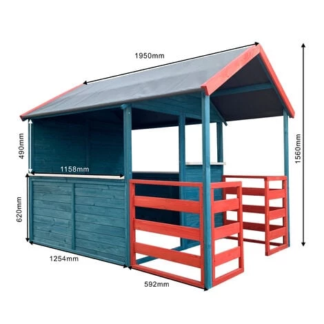 WILTEC Maison De Jeux Extérieure XL 146x195x156cm Bois Cabane Véranda Maisontte Jardin Rouge/ Bleue Enfant – Image 5