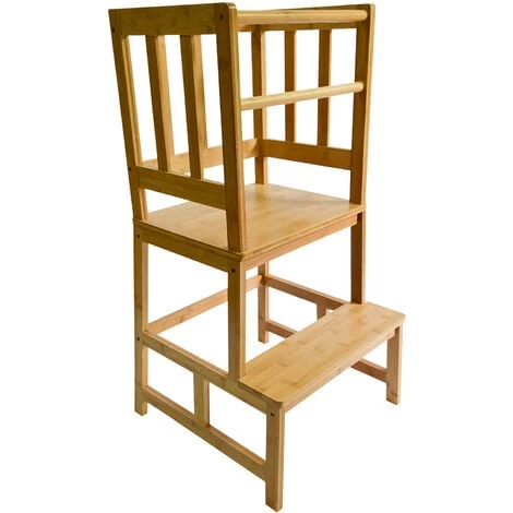 WILTEC Chaise D’enfant Tour D’apprentissage Bois 46x46x89cm Rampe & Barre Anti-chute Enfants