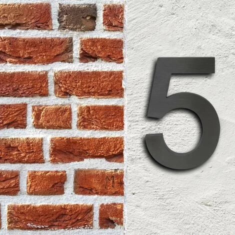 WILTEC Plaque Numéro Maison "5" Arial Anthracite 3D 20cm Acier Fin Résistant Intempéries Matériel Fixation – Image 2