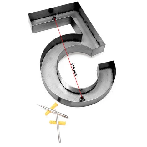 WILTEC Plaque Numéro Maison "5" Arial Anthracite 3D 20cm Acier Fin Résistant Intempéries Matériel Fixation – Image 5