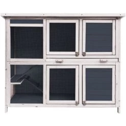 WILTEC Clapier à Deux Niveaux Et Avec Escalier, Sol Retirable, En Bois, Gris