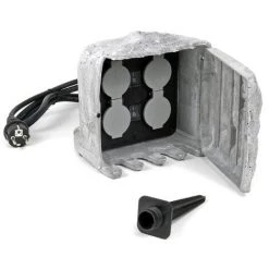 WILTEC Prise De Jardin Quadruple Aspect Pierre IP44, Prise Extérieure Avec Deux Interrupteurs, Câble 1,5 M