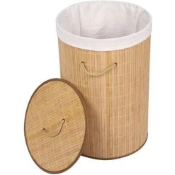 WILTEC Panier à Linge En Bambou Pliable 75L Sac à Linge Couleur Naturelle Ronde Avec Couvercle & Poignée