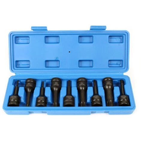 WILTEC XPOtool Lot De 9 Douilles Clé à Chocs 12,5mm (½″) Tête Ronde Forme D’étoile 6 Branches T20-T70 75mm – Image 3