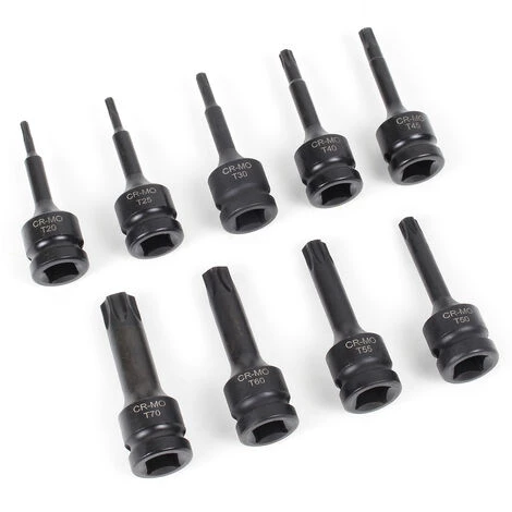 WILTEC XPOtool Lot De 9 Douilles Clé à Chocs 12,5mm (½″) Tête Ronde Forme D’étoile 6 Branches T20-T70 75mm – Image 4