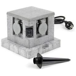 WILTEC Prise De Jardin Quadruple Aspect De Granit IP44, Prise Extérieure Capteur Crépusculaire, Câble 1,5 M