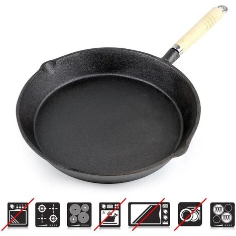 WILTEC Poêle à Frire En Fonte Ø30cm Poêle De Feu Avec Poignée En Bois Et Bec Verseur, Poêle Barbecue – Image 3
