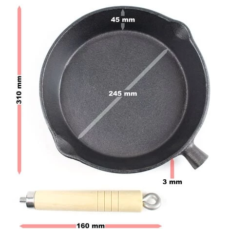 WILTEC Poêle à Frire En Fonte Ø30cm Poêle De Feu Avec Poignée En Bois Et Bec Verseur, Poêle Barbecue – Image 5