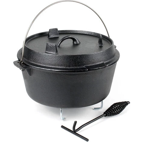 WILTEC Dutch Oven Marmite 10L Dessous-plat Lève-couvercle Fait-tout Fonte Pot Cuisson Feu Camp Camping