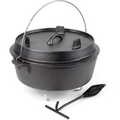 WILTEC Dutch Oven Marmite 8L Dessous-plat Lève-couvercle Fait-tout Fonte Pot Cuisson Feu Camp Camping