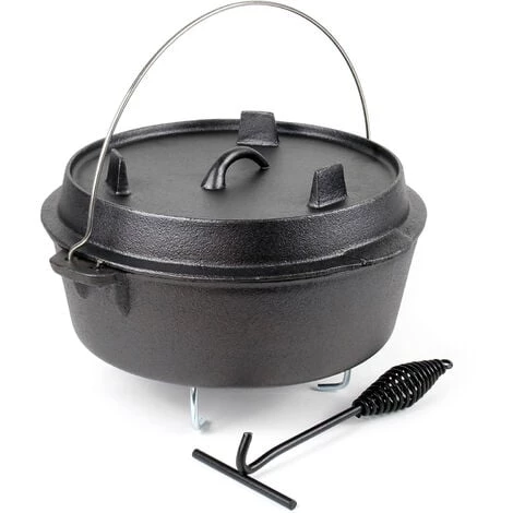 WILTEC Dutch Oven Marmite 8L Dessous-plat Lève-couvercle Fait-tout Fonte Pot Cuisson Feu Camp Camping