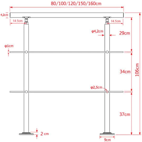 WILTEC Rampe D’escalier Acier Affiné V2A 2 Tiges 80 Cm Rambarde Main Courante Balustrade – Image 3