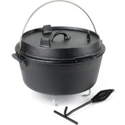 WILTEC Dutch Oven Marmite 12L Dessous-plat Lève-couvercle Fait-tout Fonte Pot Cuisson Feu Camp Camping