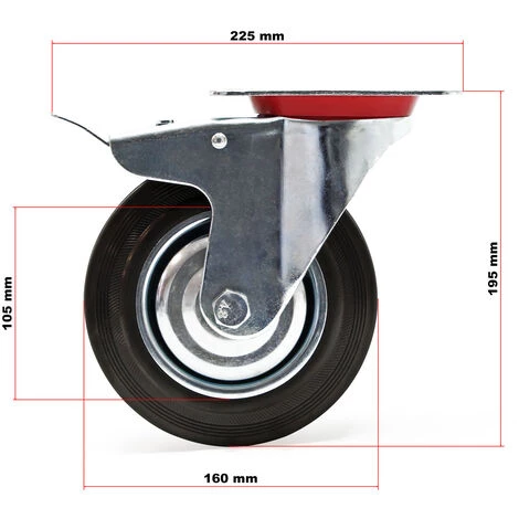 WILTEC Roulette Blocage Double Ø160mm Roue Caoutchouc Jante Métal 130Kg Transport Appareil Meuble – Image 3