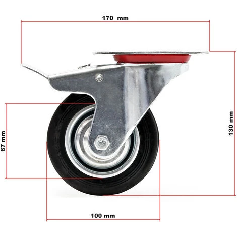 WILTEC Roulette Blocage Double Ø100mm Roue Caoutchouc Jante Métal 70Kg Transport Appareil Accessoire Meuble – Image 3
